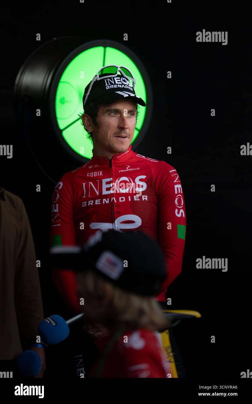 Geraint Thomas von G`B und Team INEOS Grenadiers bei seinem Abschied als Profi-Radfahrer nach der 21. Tour of Britain, Cardiff Castle Stockfoto